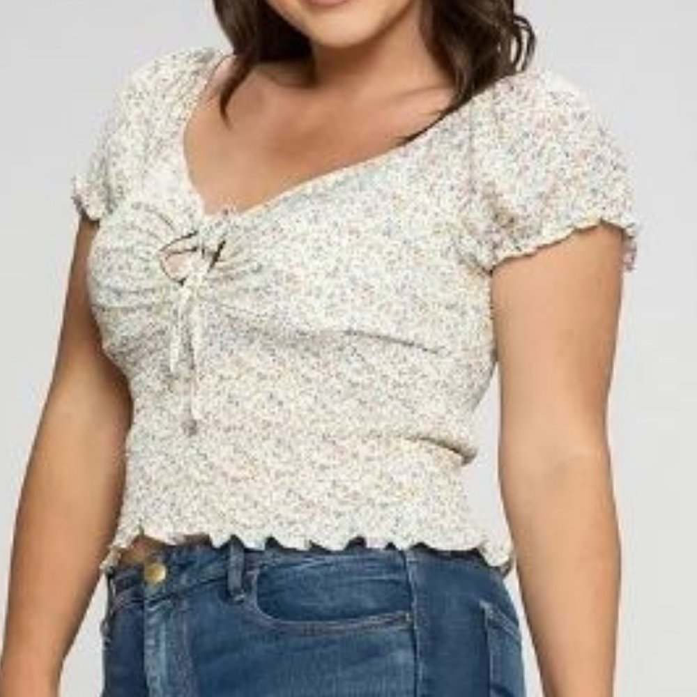 White Keyhole Short Sleeve Floral Top - 1X, 2X, 3X